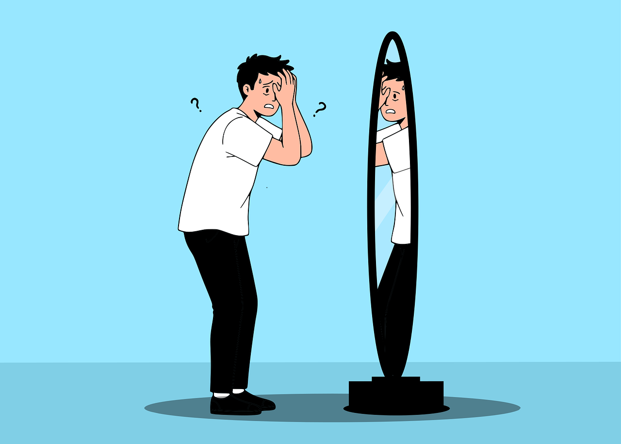 Illustration d'un homme inquiet et stressé se regardant dans un miroir